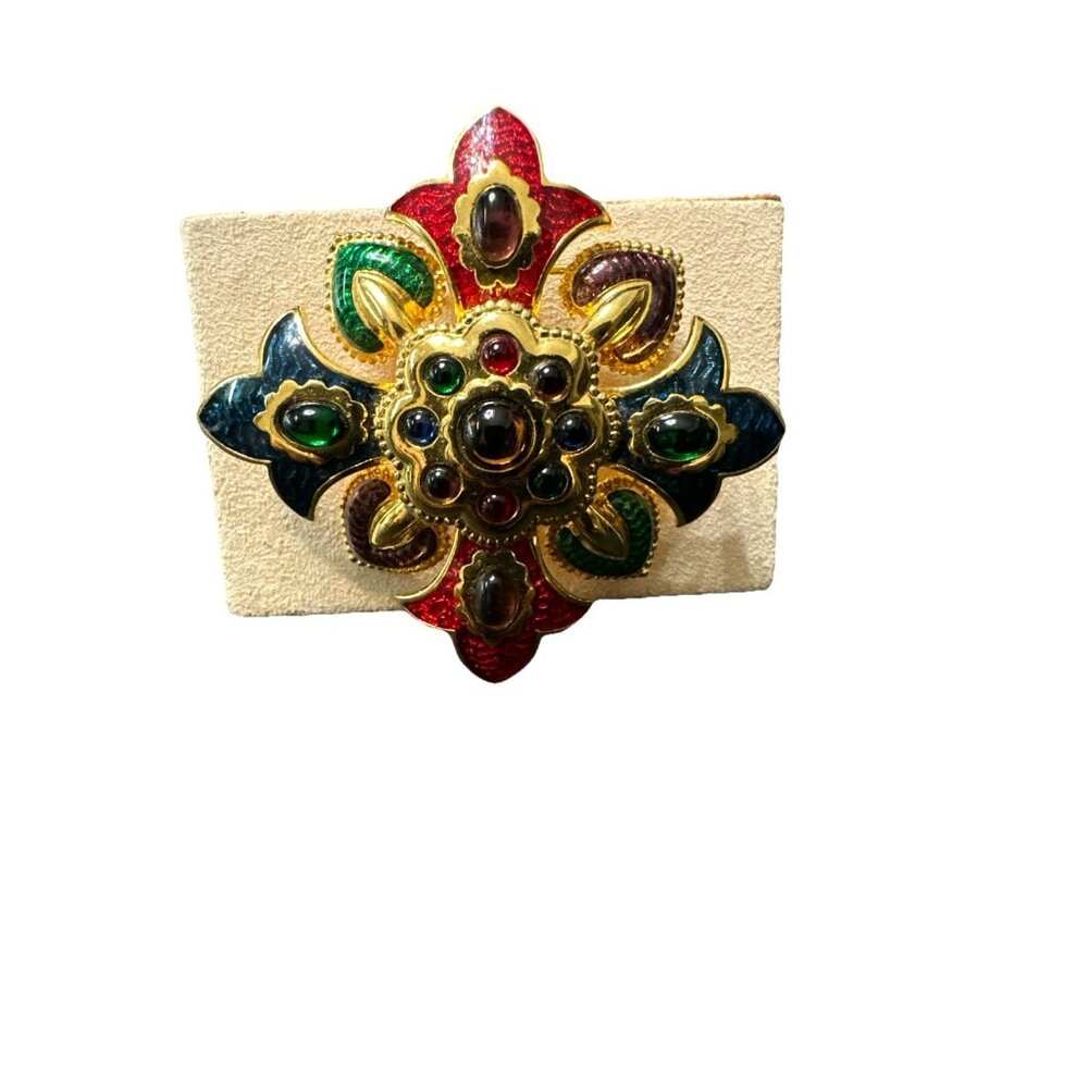 Vintage JOAN RIVERS Multicolor Glass Cabochon Enamel Maltese Cross Brooch
